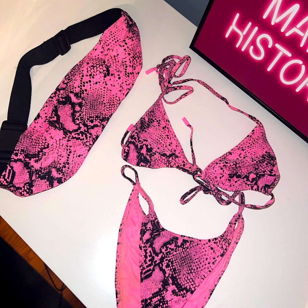 TRIANGL Pink Snakeskin Bikini Set with matching bag